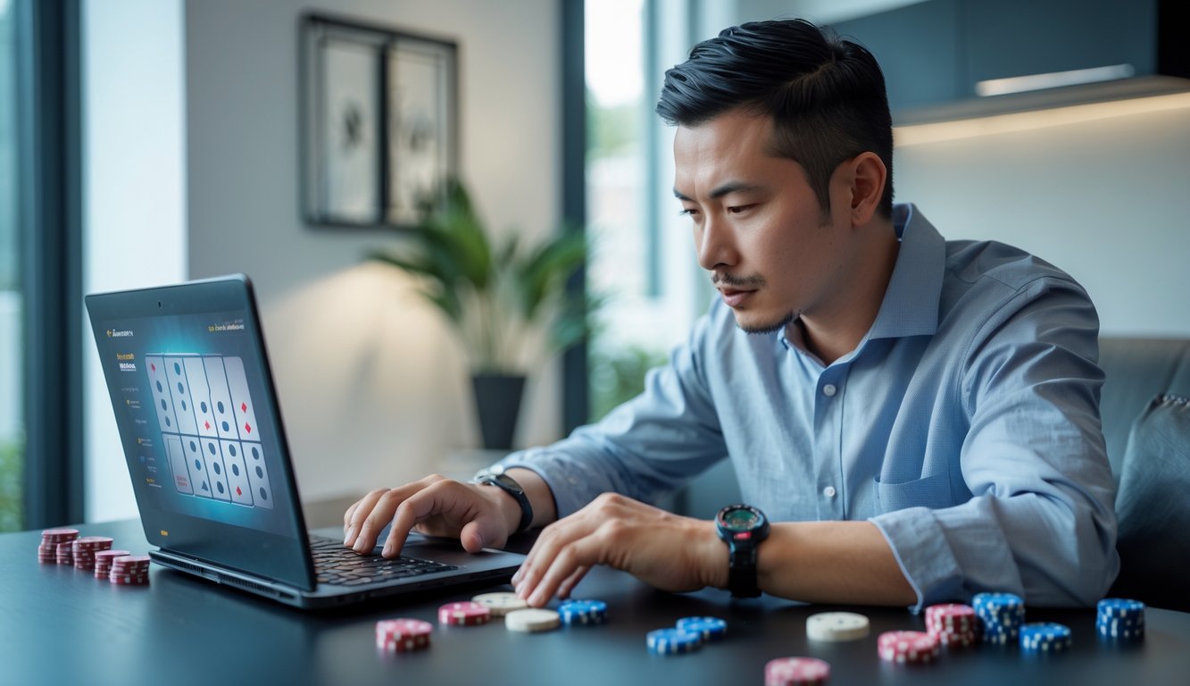 Seorang pria dewasa bermain permainan domino Ceme online di laptop di ruang tamu yang terang dengan tumpukan chip dan ubin domino di atas meja.