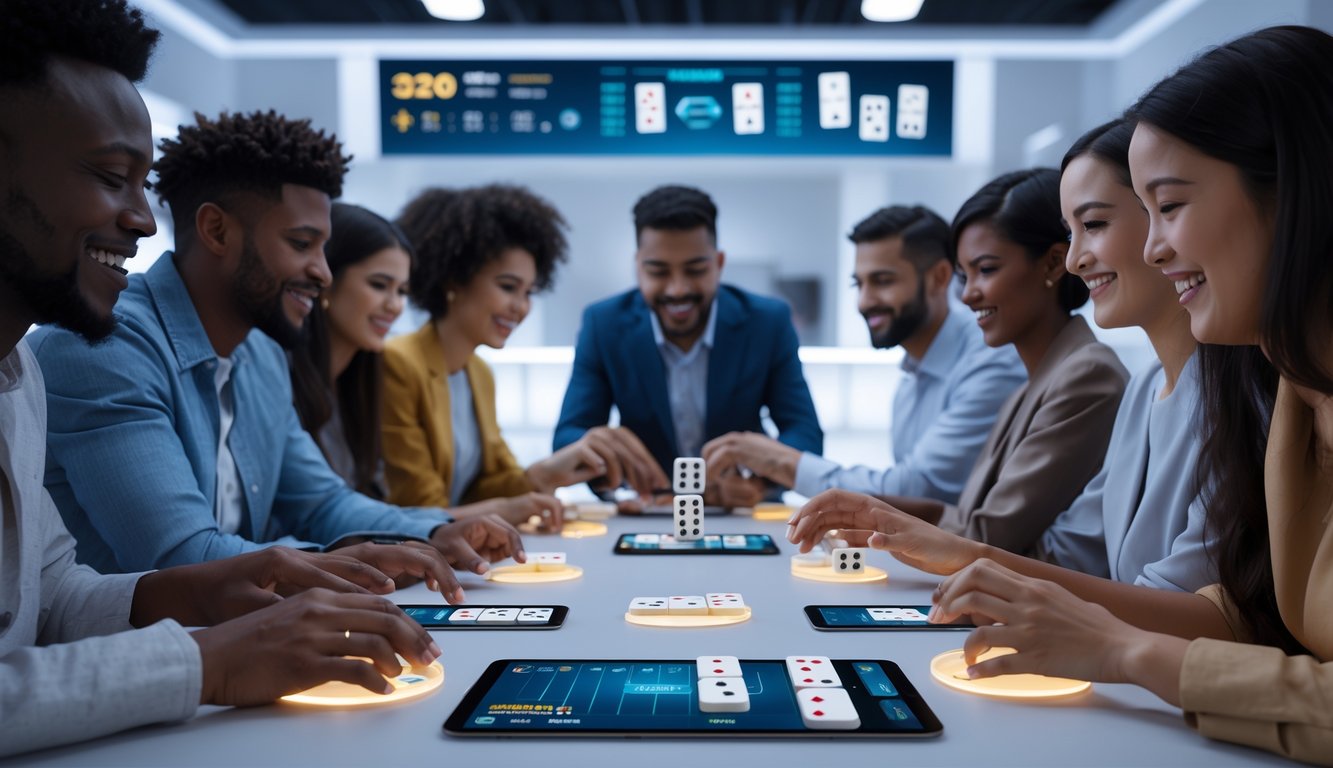 Sekelompok orang bermain permainan domino online dengan perangkat digital di ruangan modern.