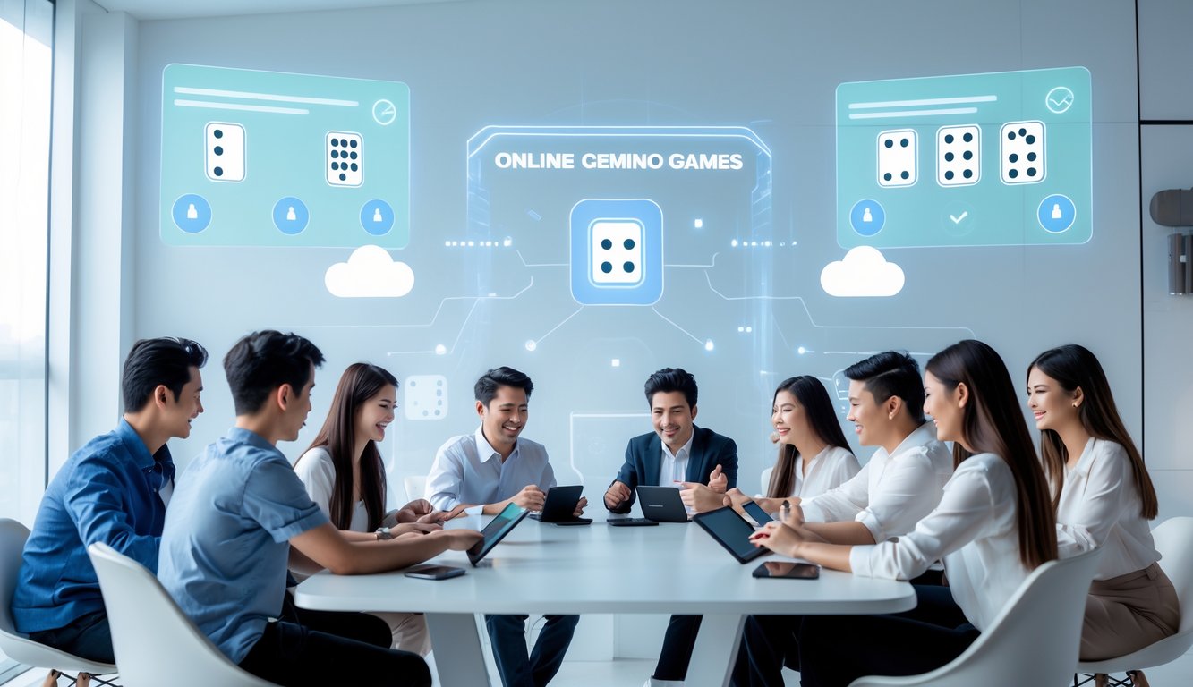 Sekelompok orang muda bermain game Ceme online dengan perangkat digital di ruangan modern yang terang dan futuristik.