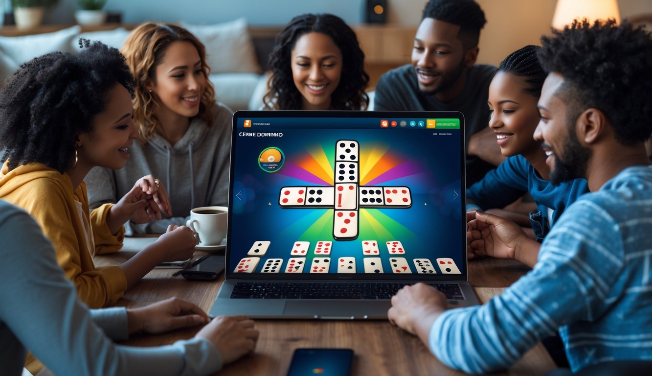 Beberapa orang muda bermain game domino online bersama di ruang tamu yang nyaman dengan perangkat digital.