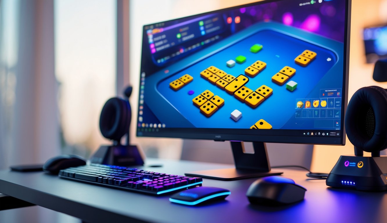 Sebuah meja kerja dengan komputer menampilkan permainan domino online yang sedang dimainkan.