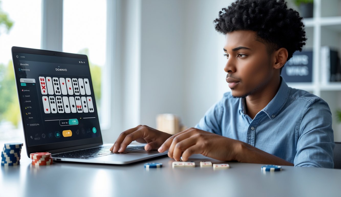 Seorang dewasa muda fokus bermain game domino online di laptop di ruang kerja modern yang terang.