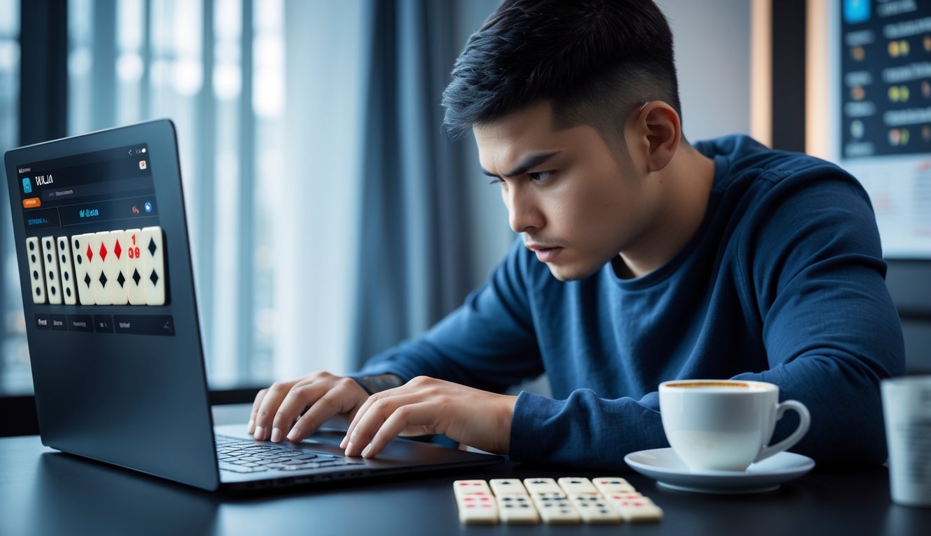 Seorang pria muda fokus bermain permainan Domino Ceme secara online di depan laptop di ruangan modern dengan buku catatan dan kopi di meja.