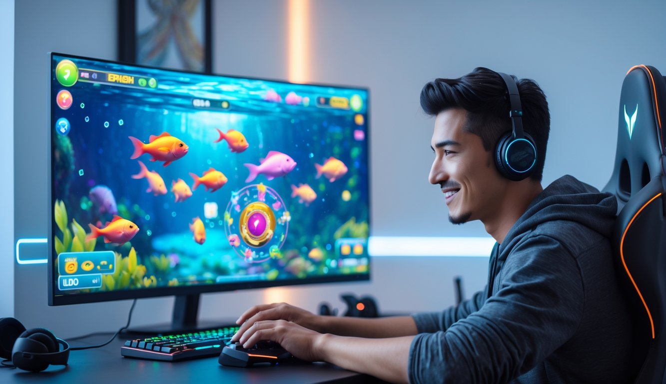 Seorang pria muda sedang bermain game tembak ikan di komputer dengan ekspresi fokus dan senang.
