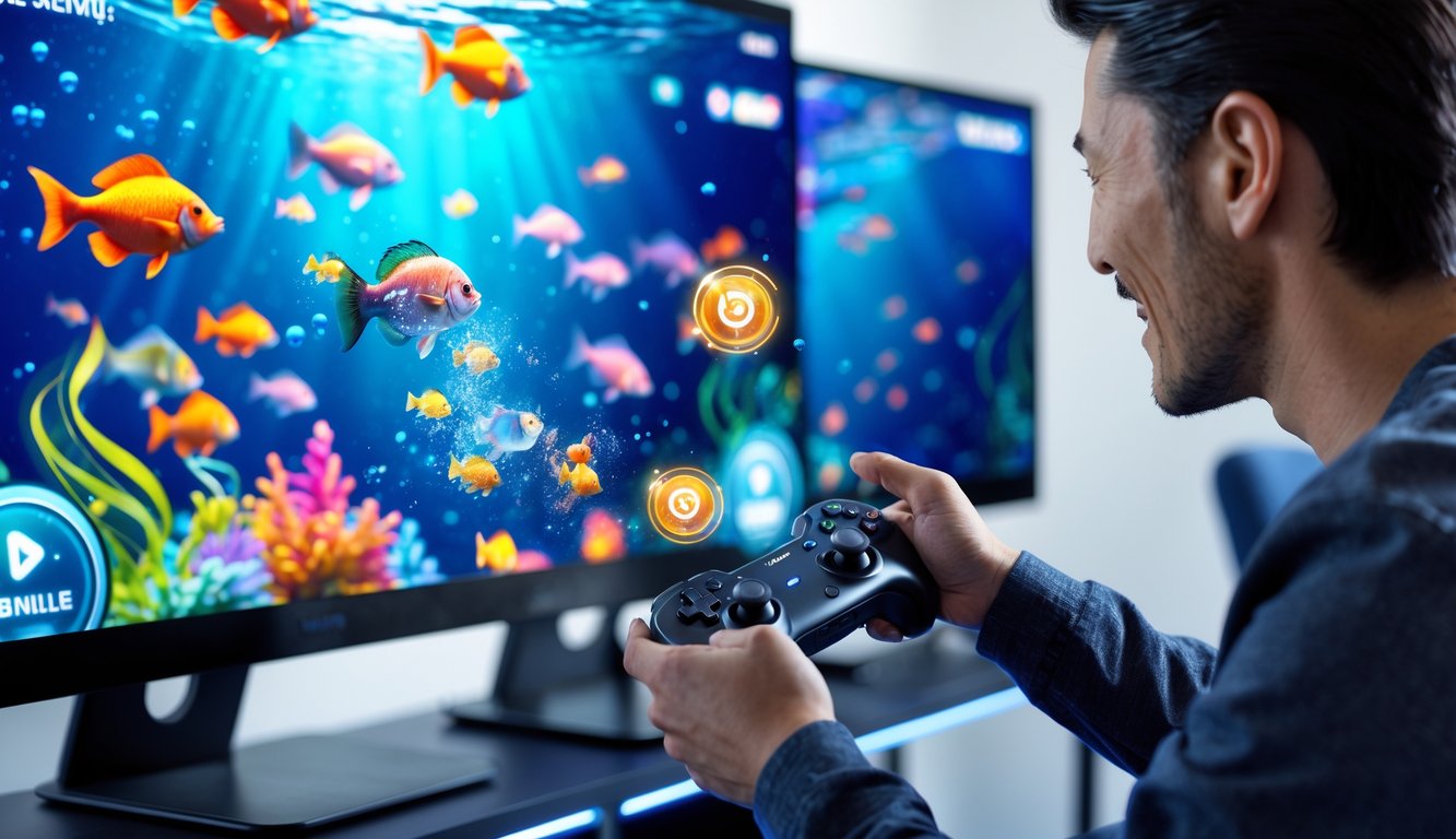 Seorang pemain dewasa fokus bermain permainan tembak ikan di layar dengan gambar ikan berwarna-warni dan ikon free spin yang menyala.