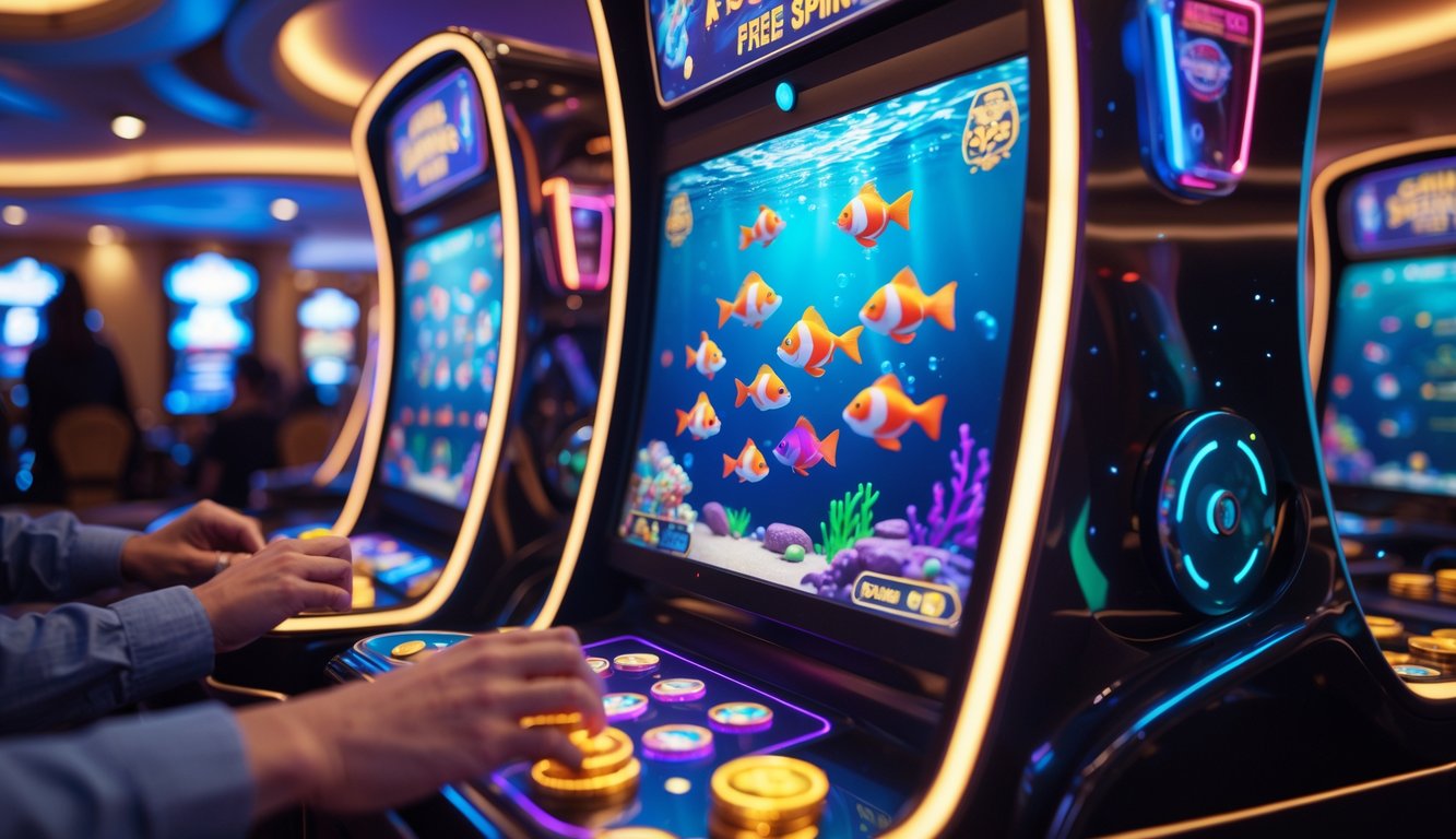 Suasana permainan tembak ikan di kasino dengan mesin permainan digital berwarna cerah dan tangan pemain yang sedang mengoperasikan kontrol.