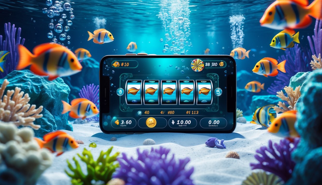 Pemandangan bawah laut dengan ikan warna-warni dan antarmuka permainan digital yang menampilkan elemen permainan tembak ikan.