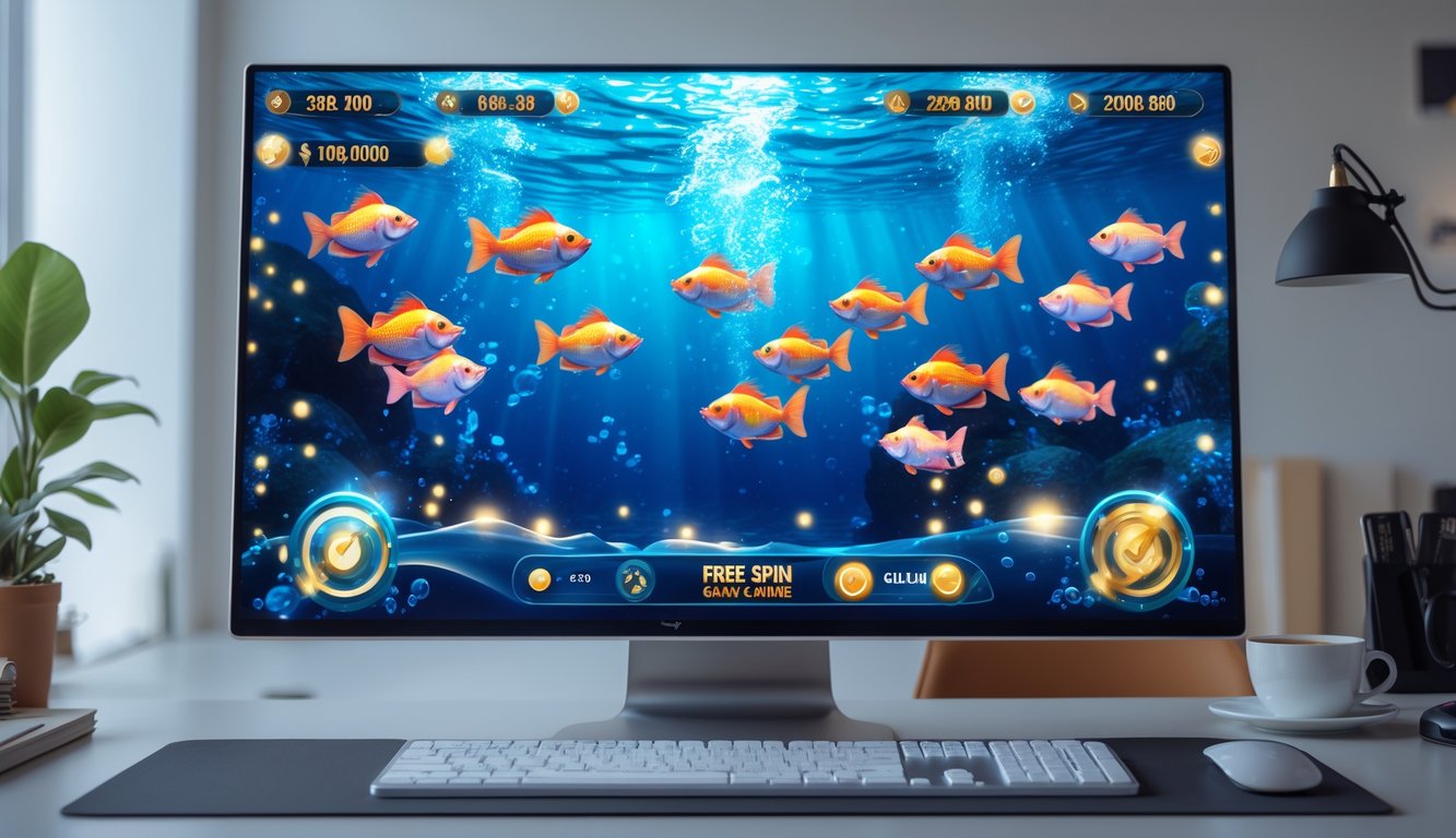 Layar perangkat menampilkan permainan tembak ikan dengan animasi ikan berwarna-warni di latar laut biru, dikelilingi oleh meja kerja minimalis dengan perlengkapan komputer.