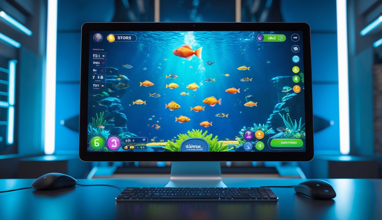 Tampilan layar komputer dengan permainan tembak ikan online yang menampilkan ikan berwarna-warni dan elemen permainan di latar belakang setup gaming modern.