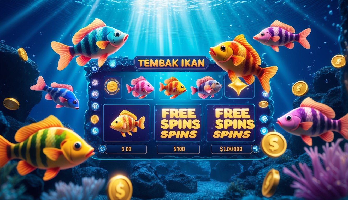 Adegan permainan judi tembak ikan dengan ikan berwarna-warni dan antarmuka permainan digital di bawah laut.
