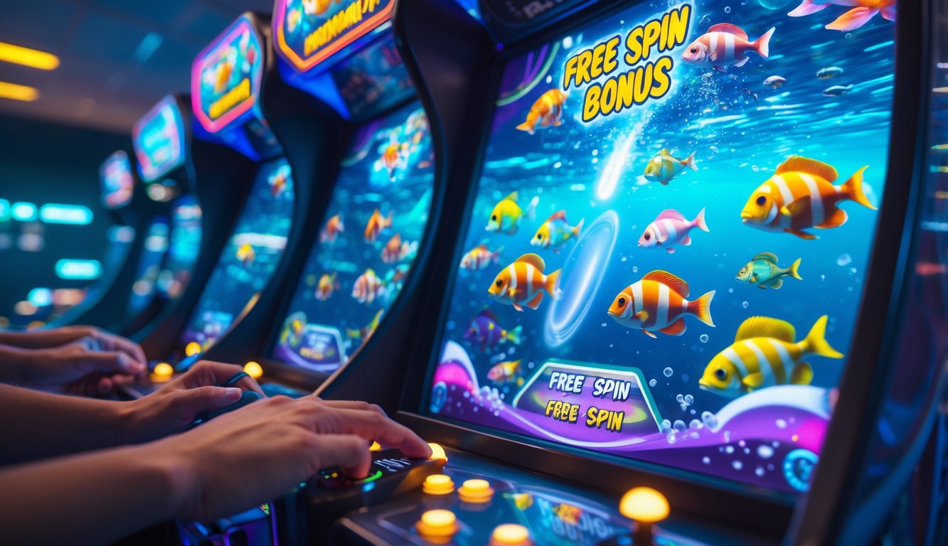 Tangan seseorang sedang bermain permainan tembak ikan di mesin arcade dengan ikan-ikan berwarna-warni di layar.