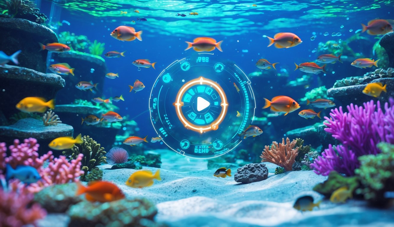 Pemandangan bawah laut dengan berbagai ikan berwarna-warni berenang di sekitar terumbu karang dan tanaman air, menampilkan suasana permainan tembak ikan digital.