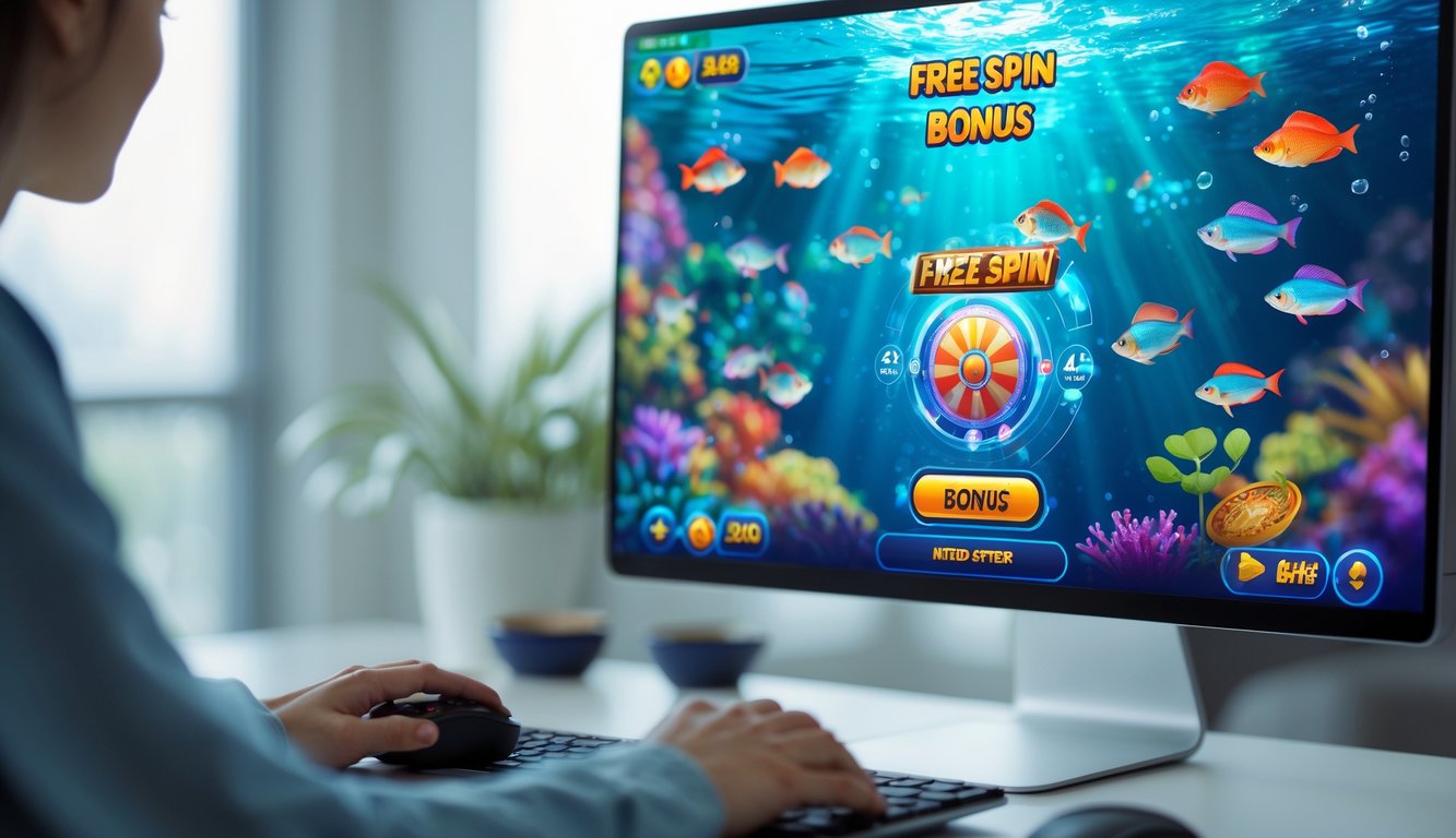 Seseorang bermain permainan tembak ikan online di komputer dengan layar menampilkan ikan berwarna-warni dan fitur free spin.
