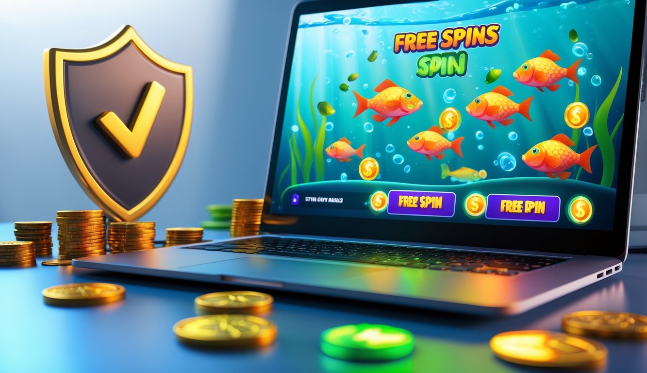 Layar komputer menampilkan permainan tembak ikan dengan ikon free spin, dikelilingi simbol kepercayaan dan keuntungan seperti perisai emas dan tumpukan koin.