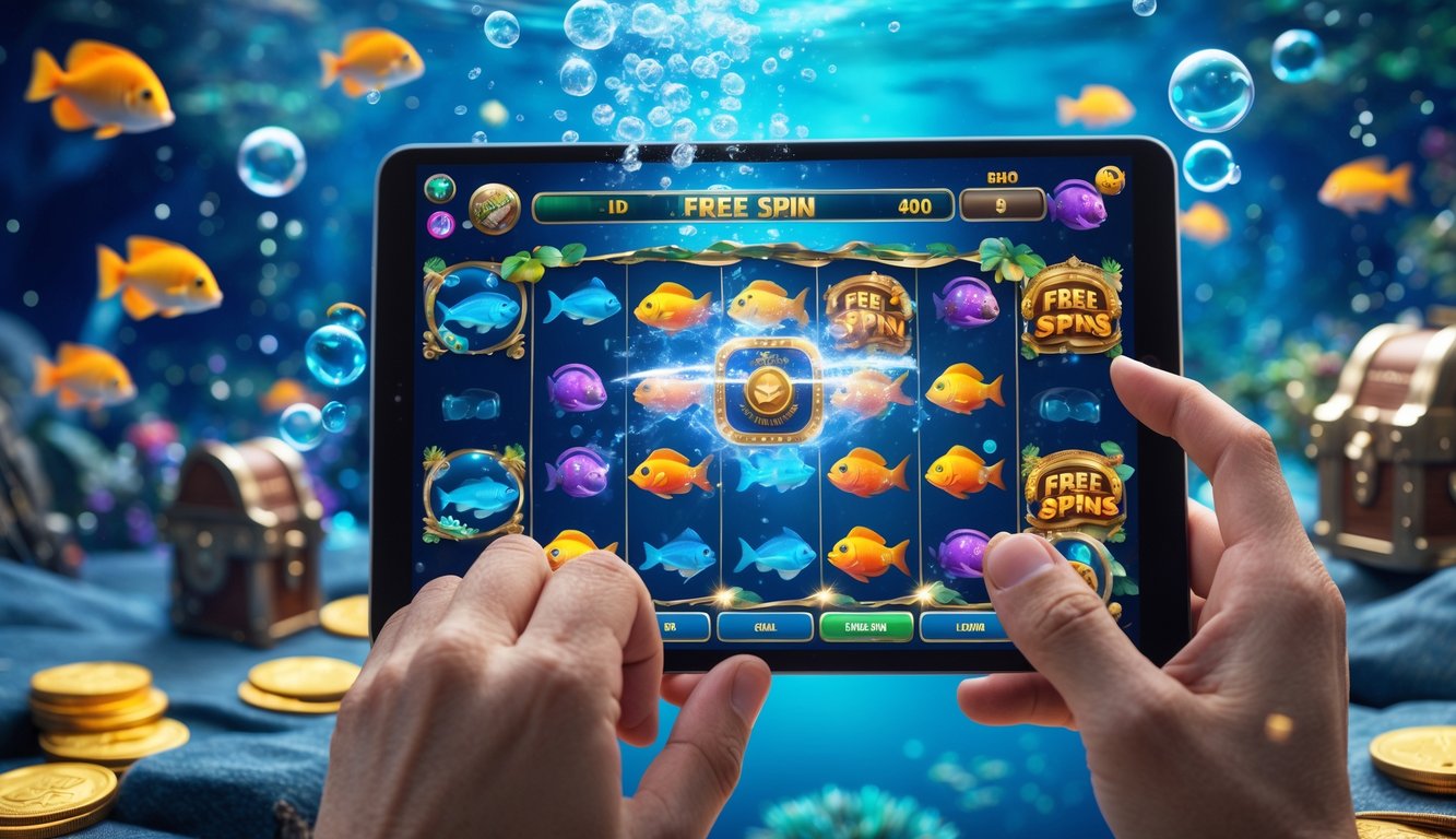 Seseorang menggunakan perangkat layar sentuh untuk bermain game memancing ikan dengan latar bawah laut penuh ikan warna-warni dan harta karun.