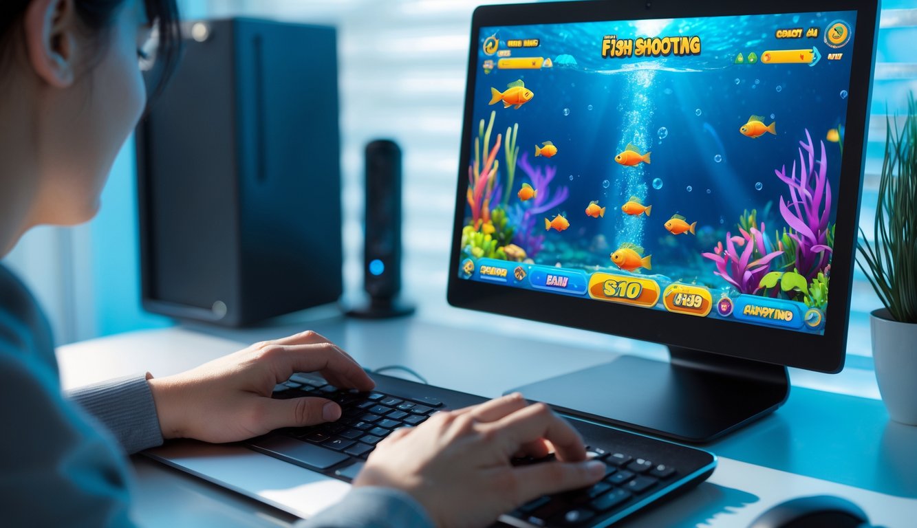 Seseorang sedang bermain game tembak ikan online di komputer dengan layar menampilkan ikan warna-warni di bawah laut.