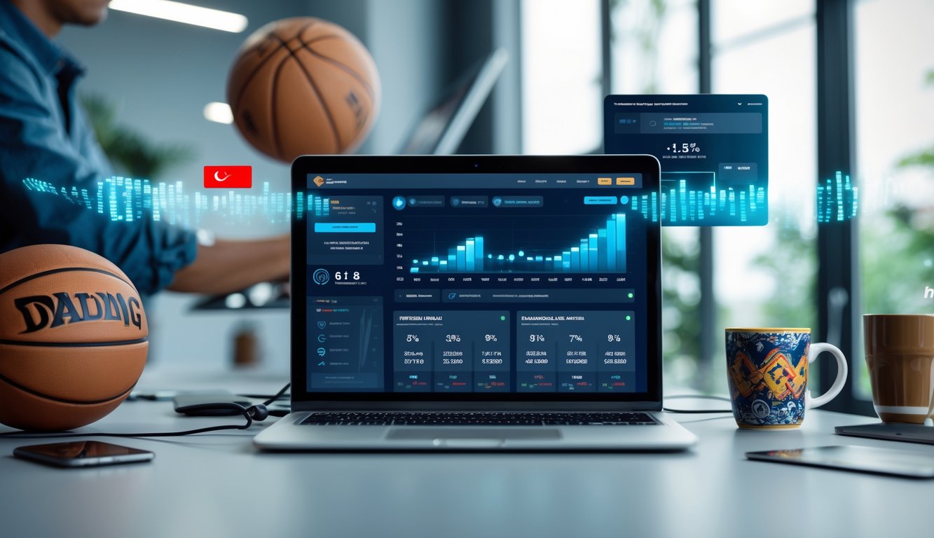 Seseorang menggunakan laptop dengan tampilan situs judi bola basket, di meja dengan bola basket dan elemen teknologi di latar belakang.