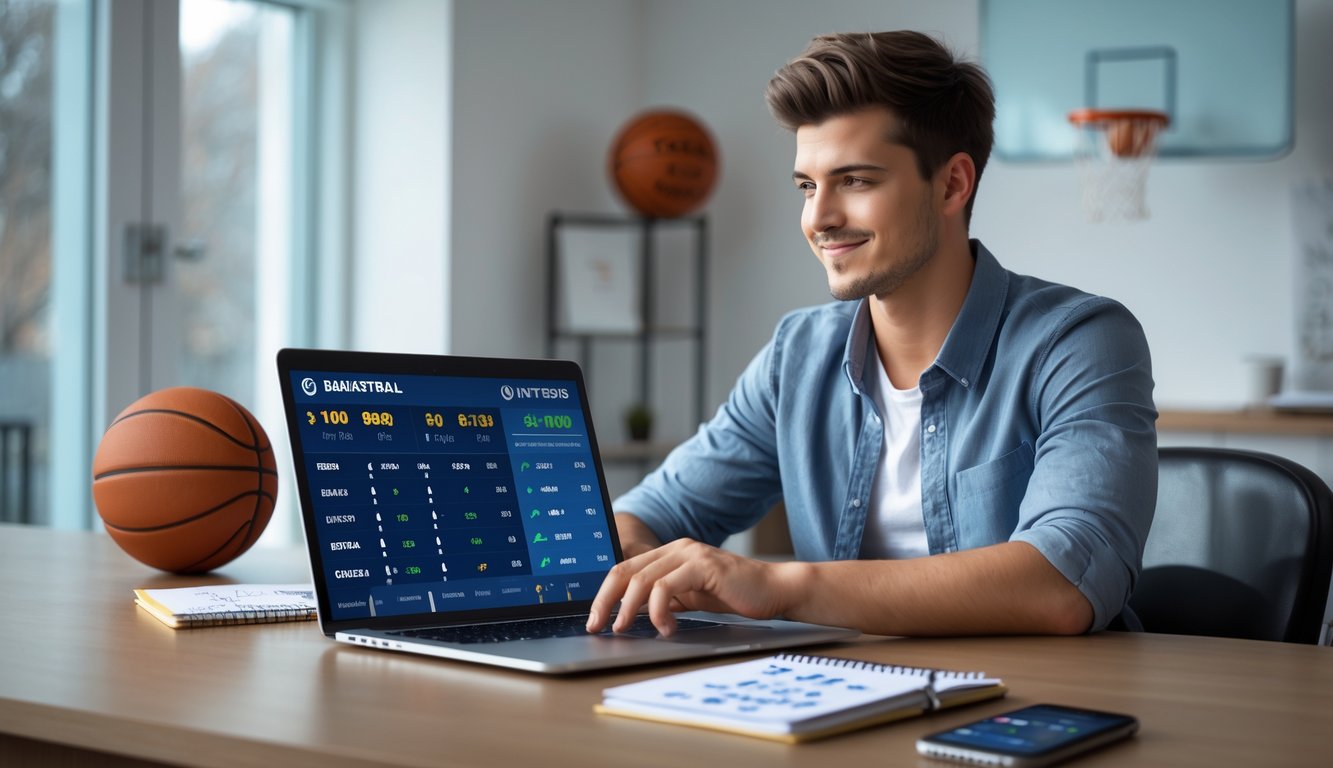 Seorang pria muda duduk di meja dengan laptop, melihat layar yang menampilkan informasi taruhan bola basket, dikelilingi oleh bola basket, ponsel, dan buku catatan.