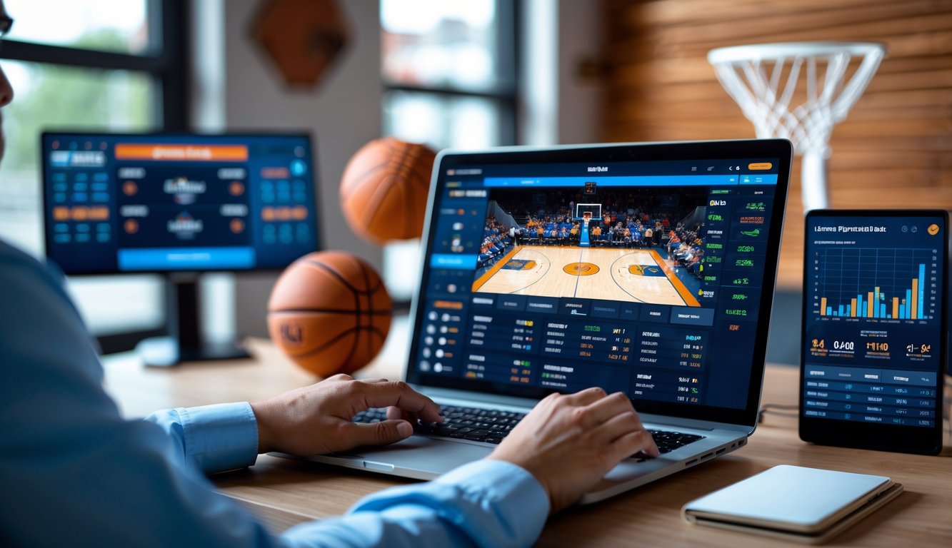 Orang menggunakan laptop dengan tampilan pertandingan bola basket dan data taruhan di layar dalam suasana kerja yang rapi dan terang.