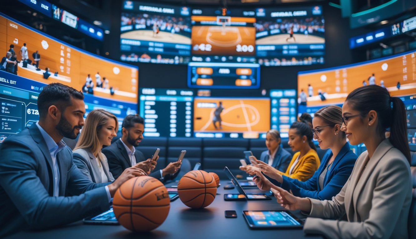 Orang-orang sedang bertaruh pada pertandingan bola basket menggunakan perangkat digital di sebuah ruang olahraga modern.