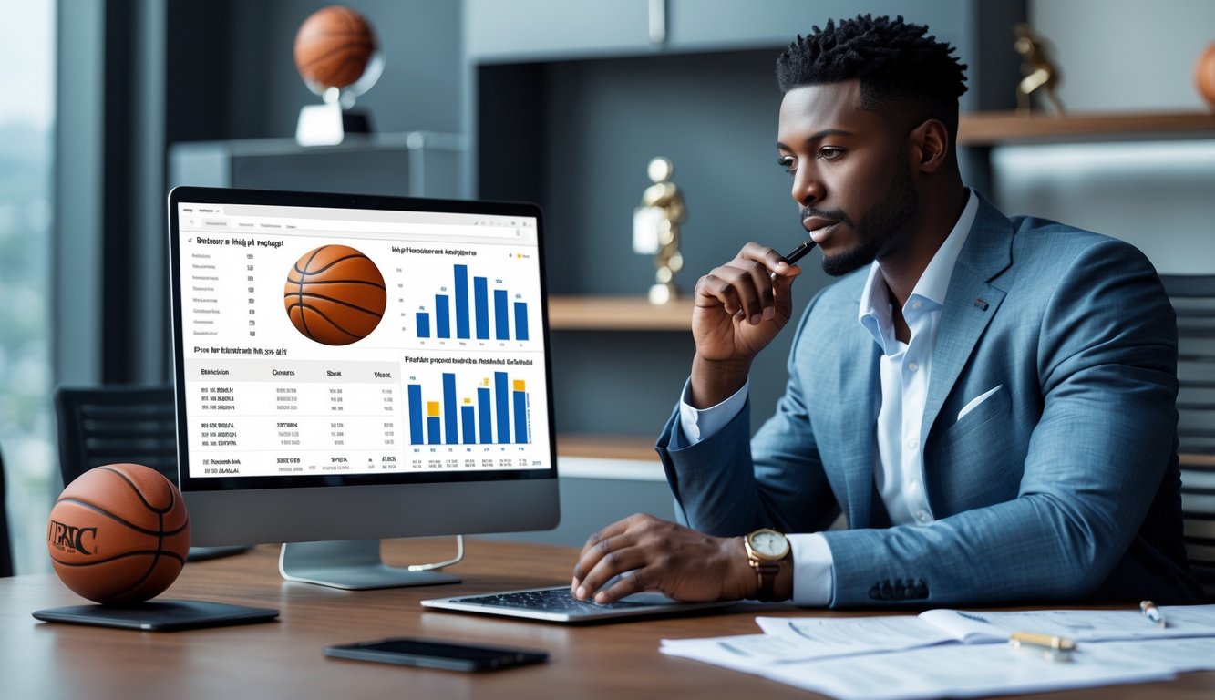 Seorang pria duduk di meja dengan laptop, menganalisis statistik dan strategi terkait taruhan bola basket di kantor modern.