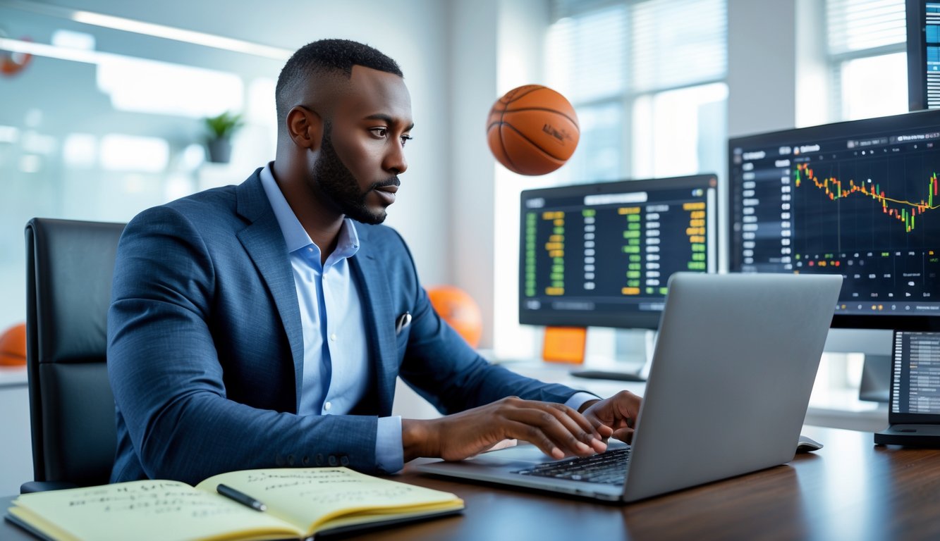 Seorang pria sedang menganalisis strategi taruhan bola basket di depan laptop di sebuah kantor modern.