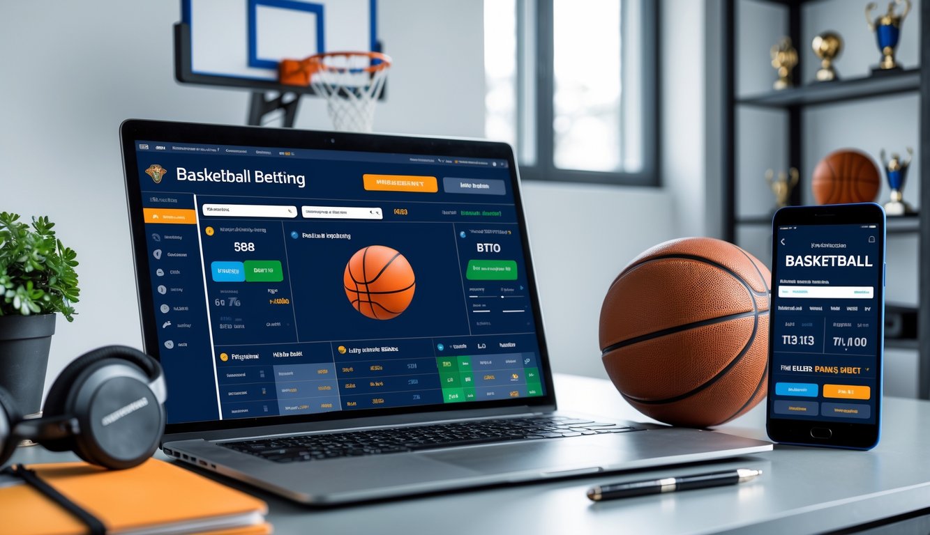 Meja kerja dengan laptop dan ponsel yang menampilkan platform taruhan bola basket, bola basket, dan alat tulis di sekitarnya.