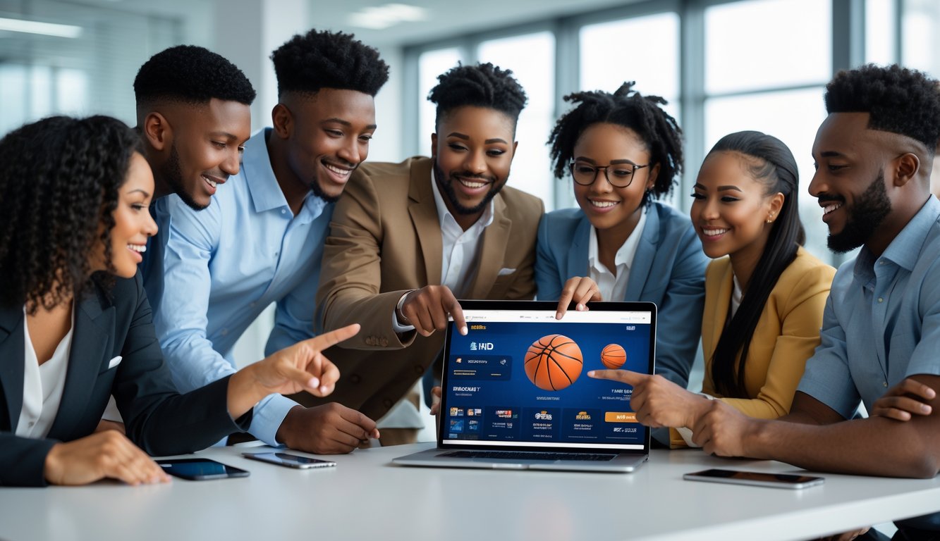 Sekelompok orang muda sedang berdiskusi di sekitar laptop dengan tampilan permainan bola basket digital di layar, di dalam ruangan kantor modern.