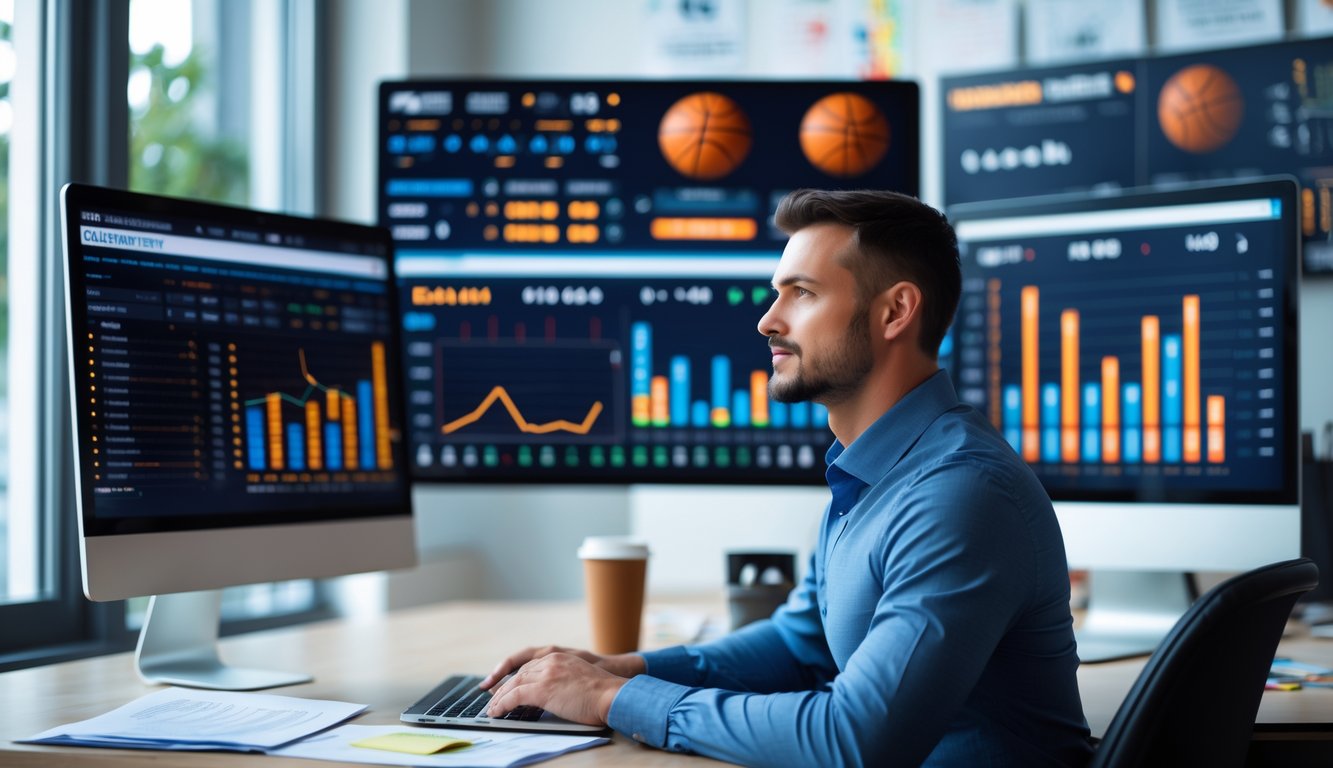Seorang pria profesional duduk di meja kantor modern sambil menganalisis data taruhan bola basket di beberapa layar komputer besar.
