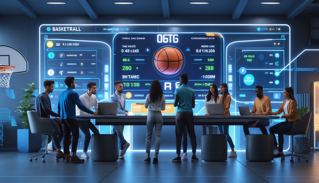 Sekelompok orang muda sedang menggunakan perangkat digital untuk bertaruh pada pertandingan basket di sebuah kantor modern.