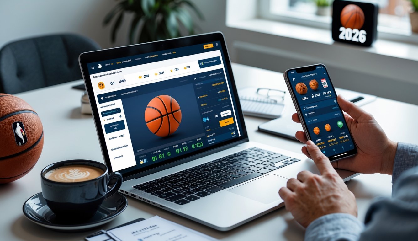 Seseorang menggunakan laptop dan ponsel untuk taruhan basket online dengan bola basket dan jam digital di latar belakang.