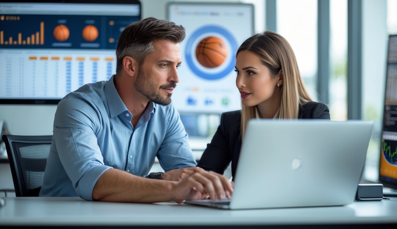 Dua orang sedang berdiskusi di kantor modern sambil melihat layar laptop yang menampilkan data taruhan bola basket.