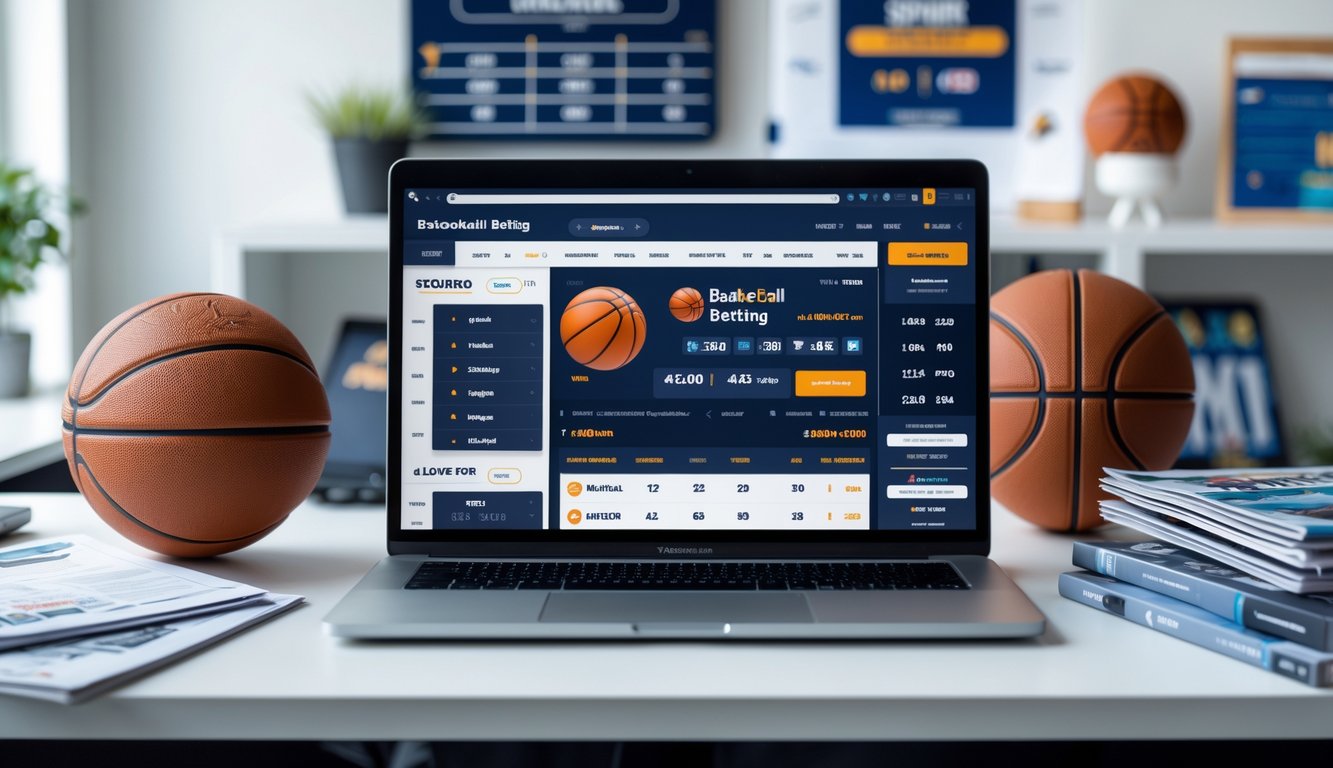 Seorang pria menggunakan laptop di meja kerja dengan bola basket dan papan skor di sekitarnya, menunjukkan aktivitas taruhan olahraga basket.