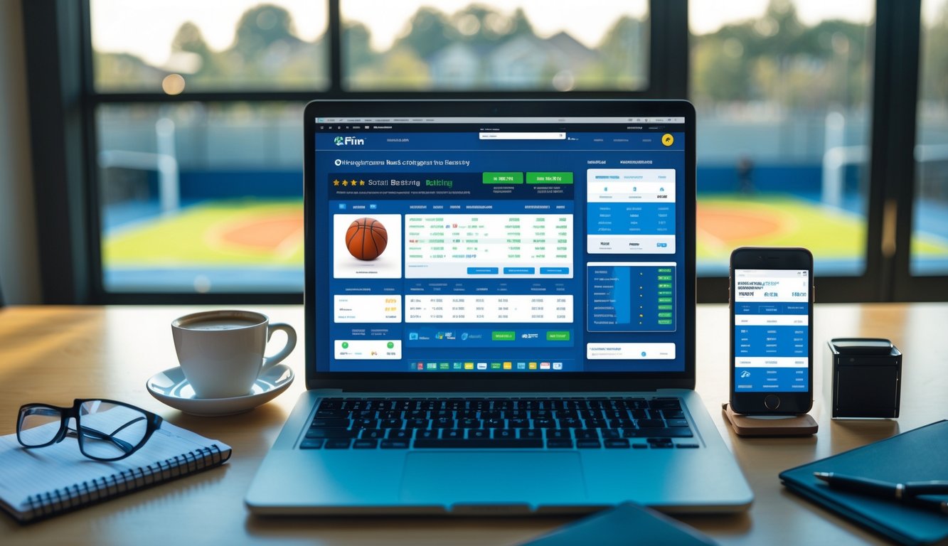 Seorang pria menggunakan laptop di meja dengan layar menampilkan situs taruhan bola basket online, di latar belakang terlihat lapangan bola basket melalui jendela besar.