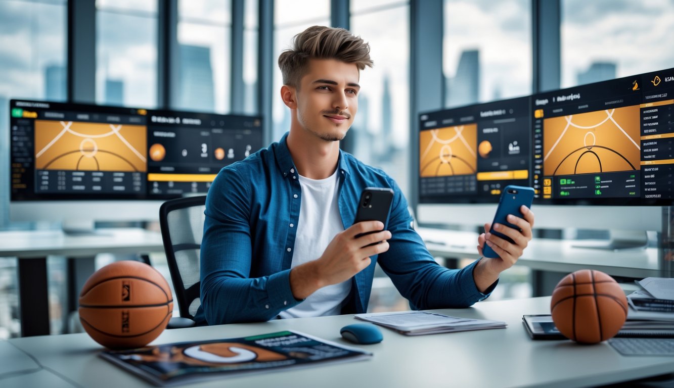 Seorang pria muda duduk di meja dengan beberapa layar yang menampilkan pertandingan bola basket dan peluang taruhan, terlihat fokus memegang ponsel dan buku catatan di kantor modern.