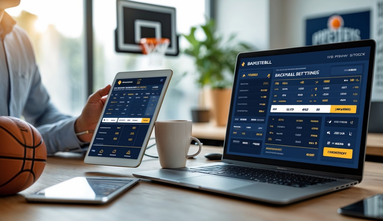 Seseorang duduk di meja dengan laptop dan tablet, melihat data taruhan bola basket online, di dekat bola basket dan secangkir kopi.