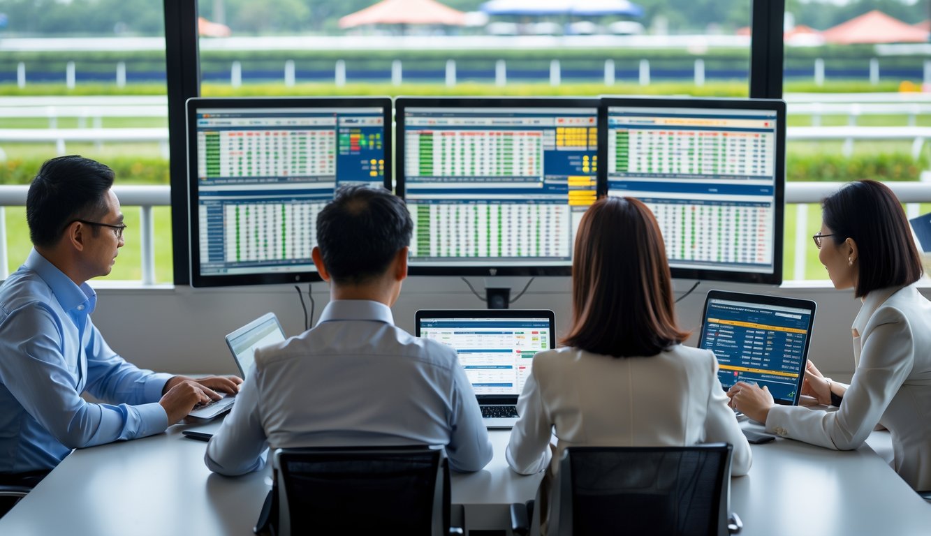 Sekelompok orang dewasa sedang menganalisis data taruhan kuda pacuan di kantor yang terang dengan pemandangan lintasan kuda di luar jendela.