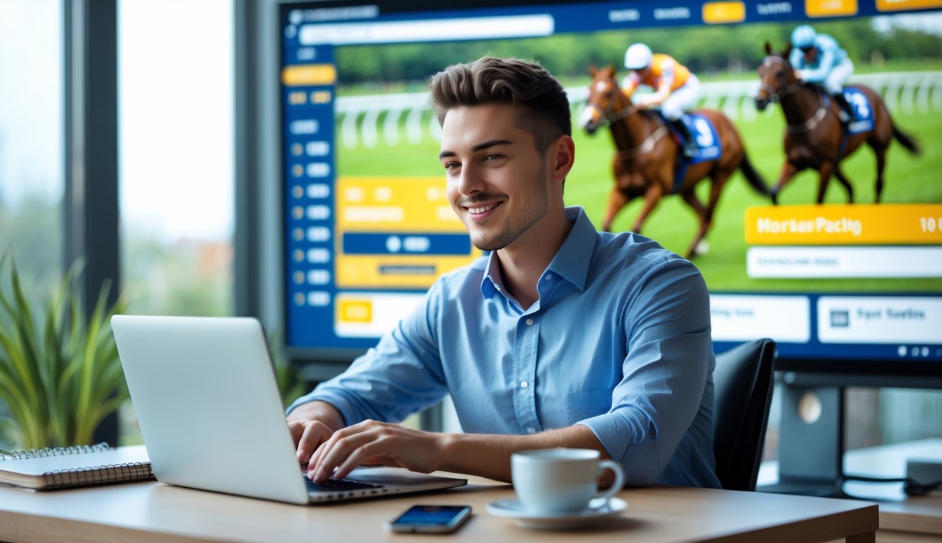 Seseorang duduk di meja dengan laptop dan ponsel, melihat situs taruhan kuda pacuan online dengan fokus dan senyum ringan.