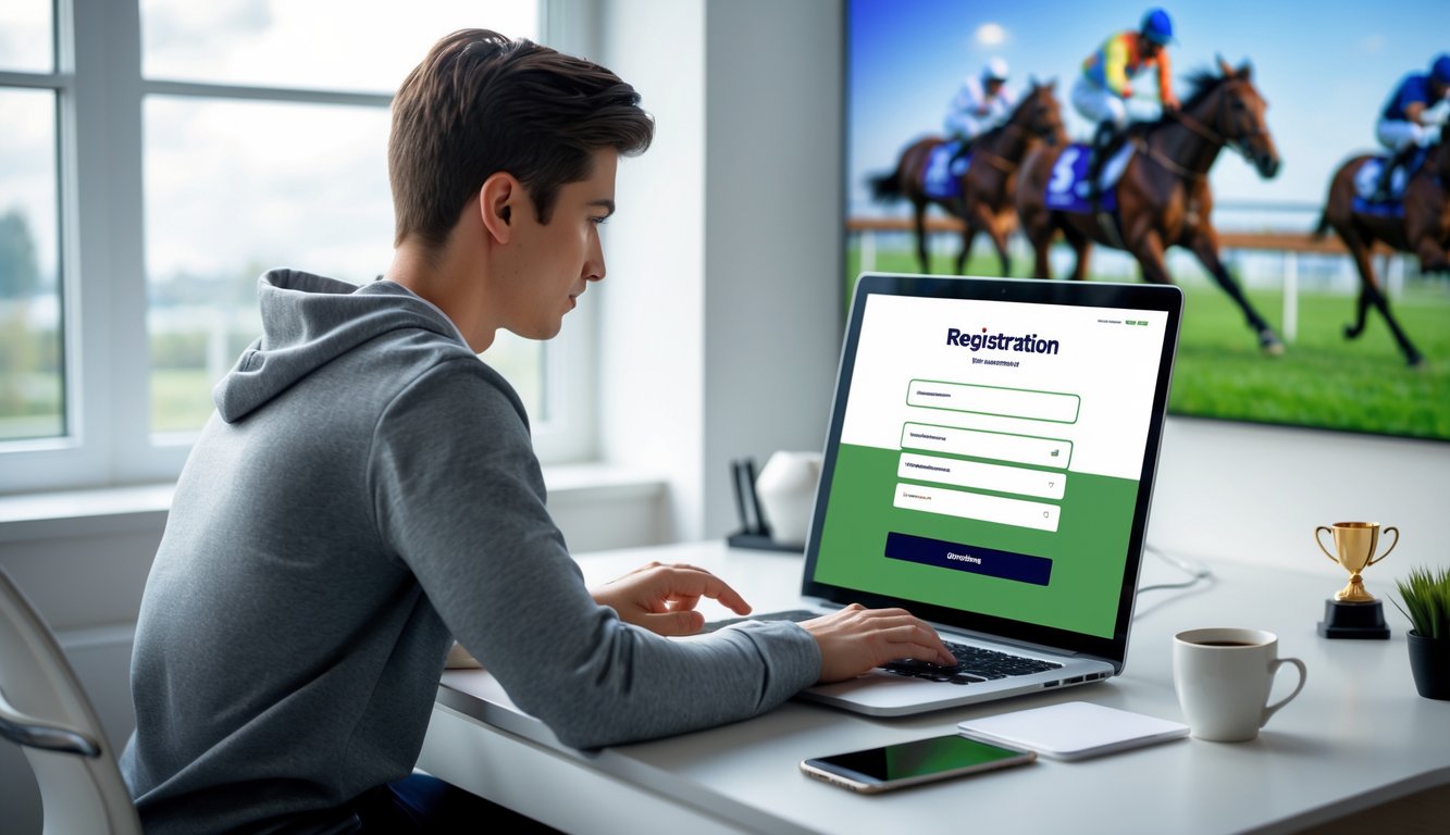 Seseorang sedang mendaftar akun di situs taruhan kuda pacuan online dengan laptop di meja kerja yang terang dan rapi.