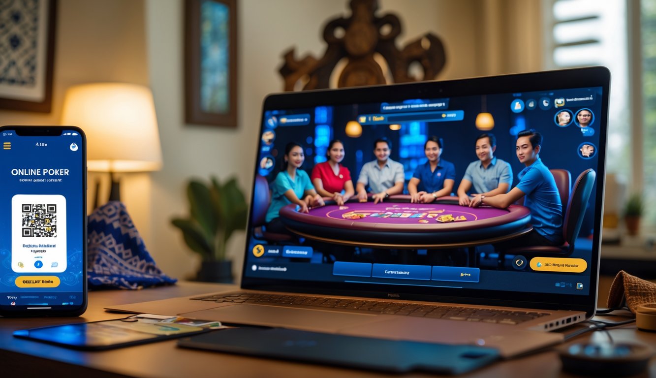 Seorang pemain menggunakan komputer dan ponsel untuk bermain poker online dengan tampilan meja poker digital dan fitur pembayaran QRIS di latar belakang.