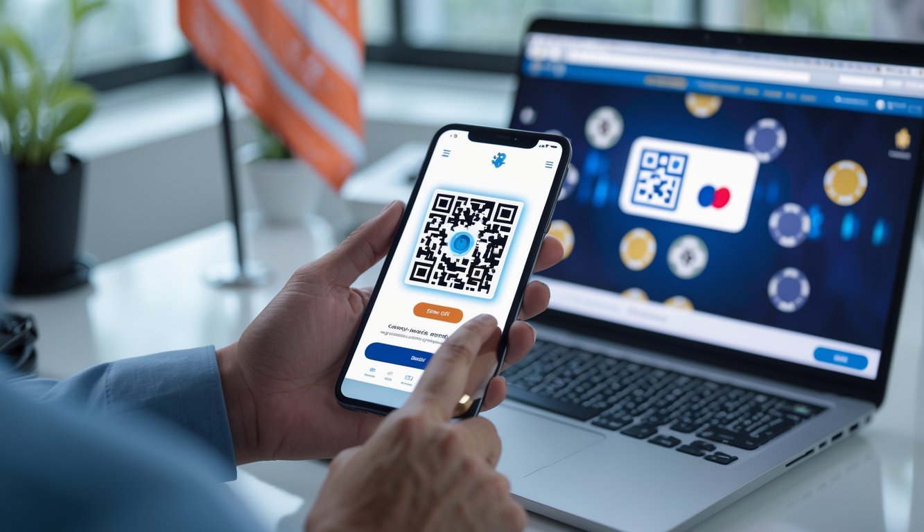 Tangan memegang ponsel yang menampilkan kode QRIS dengan layar laptop yang menampilkan permainan poker online di latar belakang.