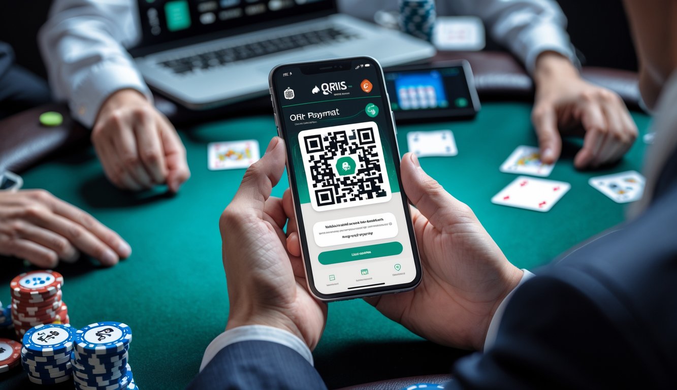 Seorang pengguna memegang ponsel dengan kode QR di layar di depan meja poker dengan chip dan kartu bermain.