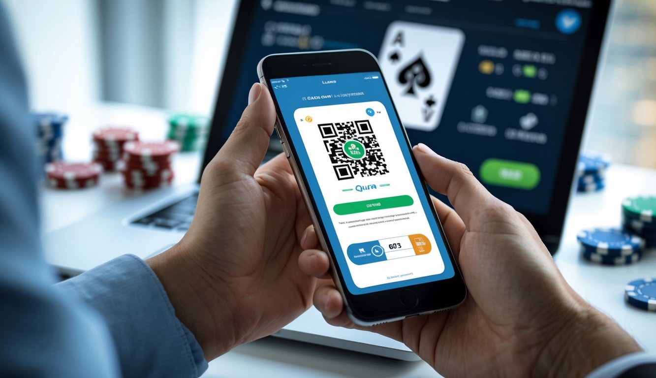Tangan memegang ponsel dengan kode QR di layar, latar belakang menampilkan kartu poker dan chip di depan layar komputer.