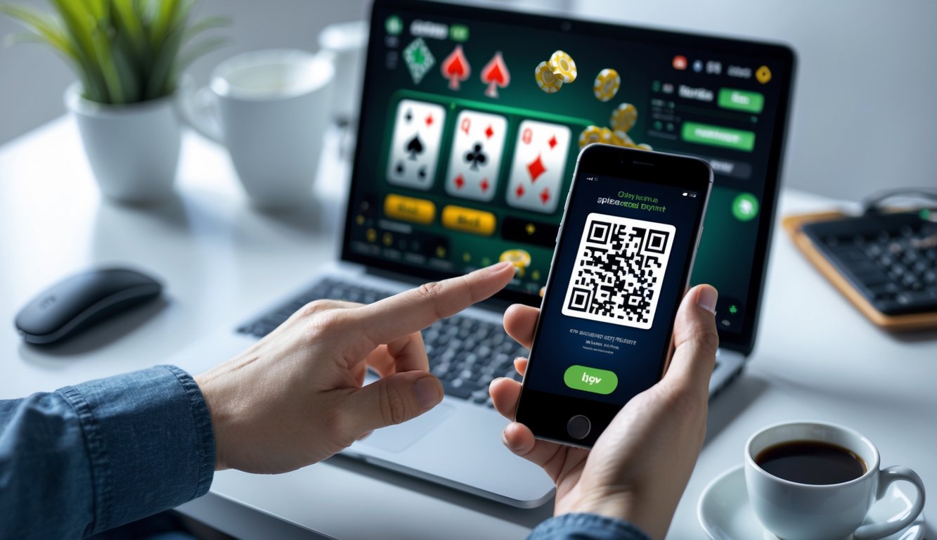 Seseorang memegang ponsel dengan kode QR di depan layar komputer yang menampilkan permainan poker online.