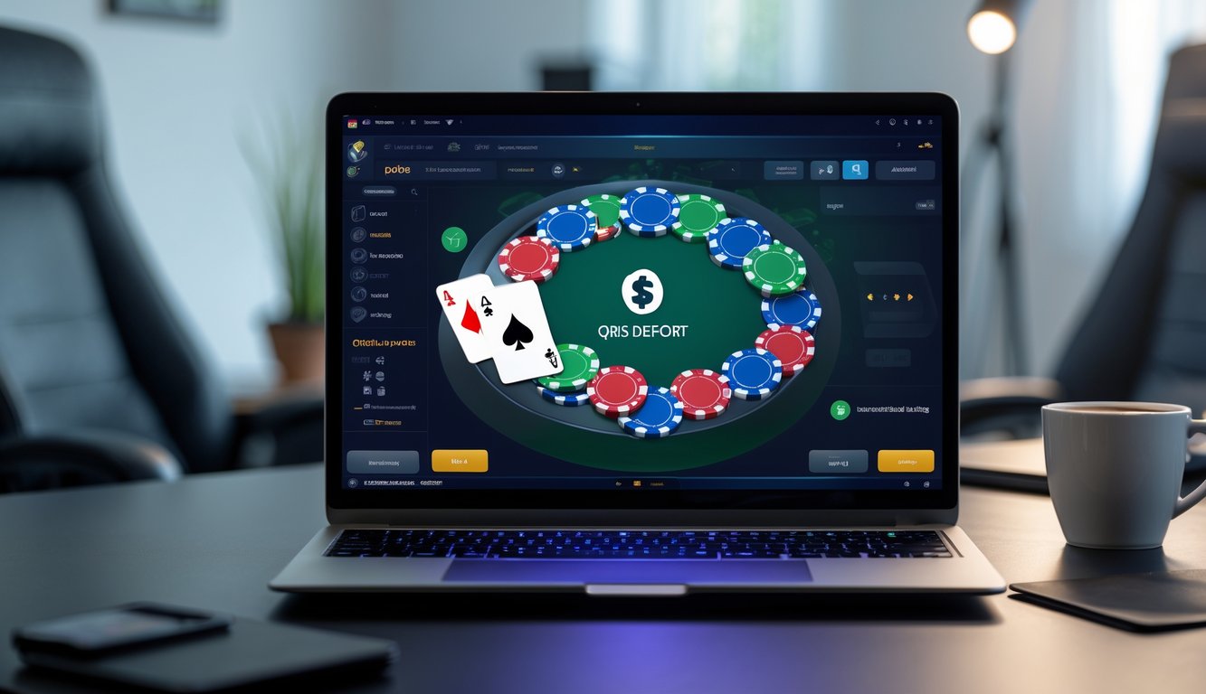 Seseorang bermain poker online di depan laptop dengan chip poker dan kartu, di ruangan yang terang dan rapi.