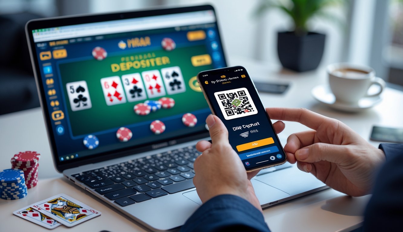 Seseorang bermain poker online menggunakan komputer dan melakukan pembayaran dengan kode QR di ponsel.