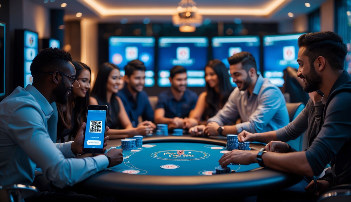 Beberapa orang sedang bermain poker online dengan layar komputer dan ponsel yang menampilkan kode QR untuk pembayaran.