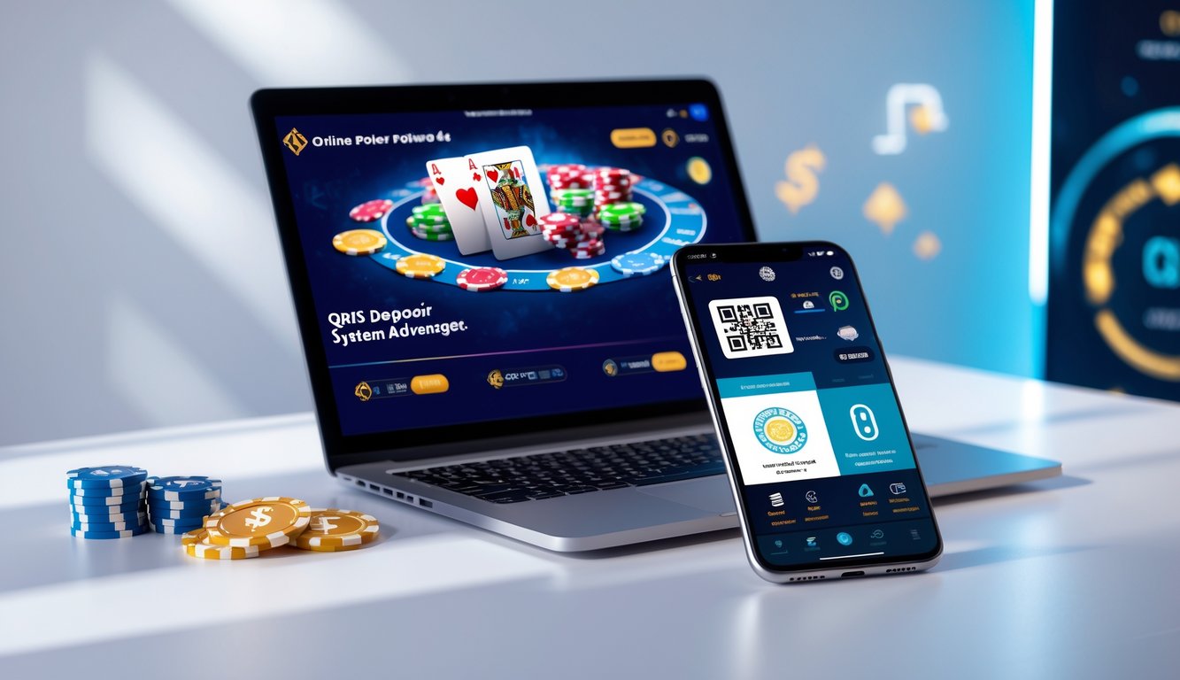 Seorang pemain poker online menggunakan laptop dan ponsel dengan kode QR untuk melakukan deposit dalam suasana ruangan yang terang dan modern.