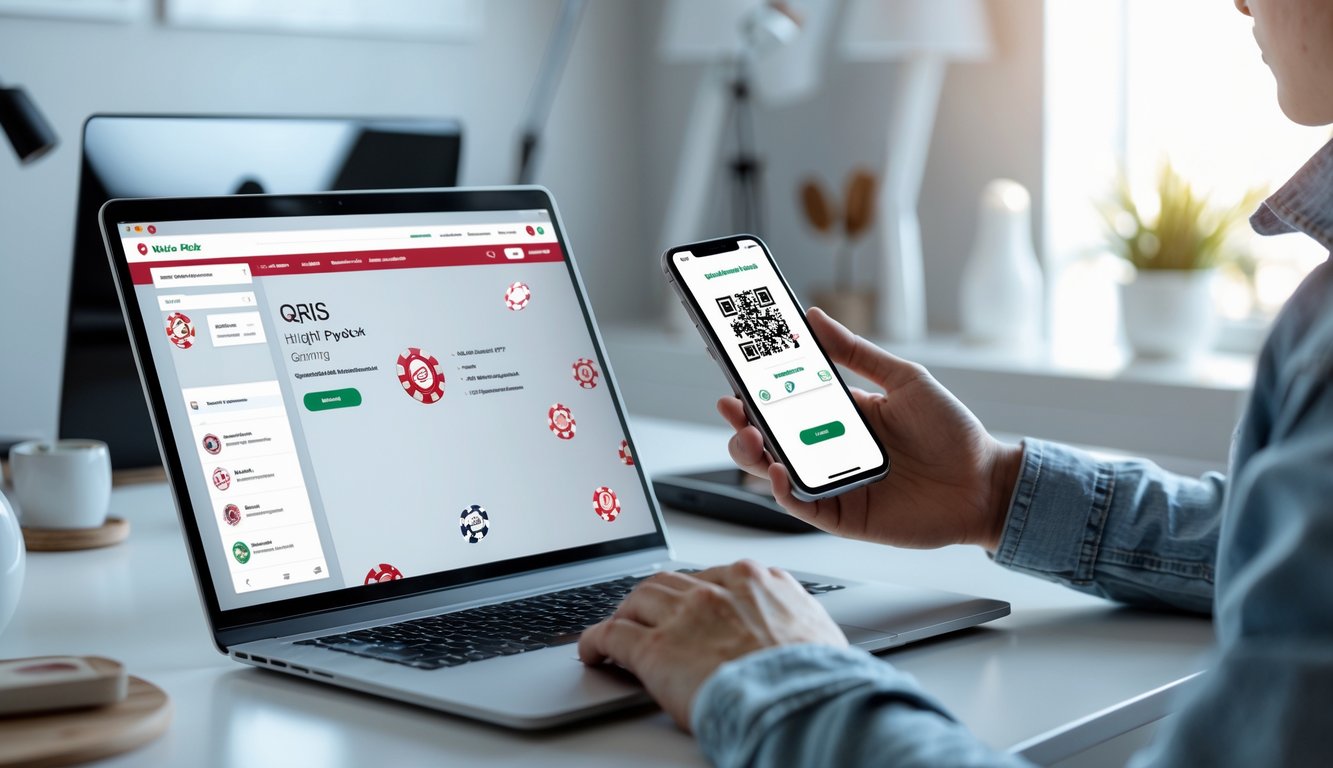 Seseorang menggunakan laptop dan ponsel untuk mendaftar dan melakukan deposit QRIS di situs poker online terpercaya.
