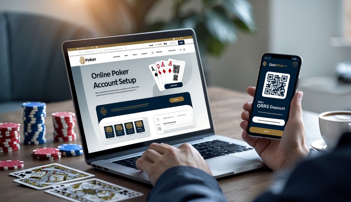 Seseorang menggunakan laptop dan smartphone di meja kerja dengan chip poker dan kartu bermain di sekitarnya.